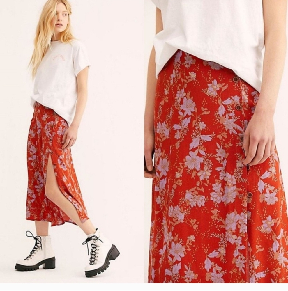 Floral Button-Down Red Skirt NWT